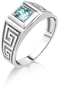 Blauer Topas-Steinring Für Herren In Silber, Cooler Solitärring Für Herren Mit Graviertem Mäander, Einzigartiger Aquamarin-Steinring Für Herren.