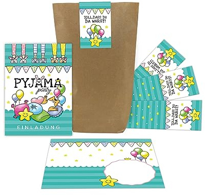 Junaversum 12 Einladungskarten zum Kindergeburtstag Einladungen zur Pyjama-Party Übernachtungsparty Lesenacht-Party incl. 12 Umschläge, 12 Tüten, 12 Aufkleber für Mädchen und Jungen