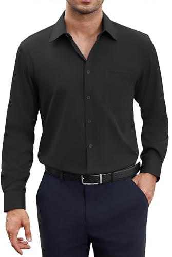 siliteelon Hemd Herren Langarm Schwarz Bügelfrei Stretch Herren Hemden Schwarze Matt Anzug Business Hemd für Männer Einfarbig Regular Fit Freizeithem Beerdigung Begrabnis Trauerfeier Büro Arbeit