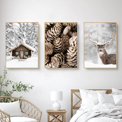 Herfair 3er Poster Set Moderne Winter Bilder, Elch, Holzhaus Schneelandschaft, Leinwandbilder, Wandbilder Bilder Wohnzimmer Deko Schlafzimmer, Ohne Rahmen (B,30x40cm)