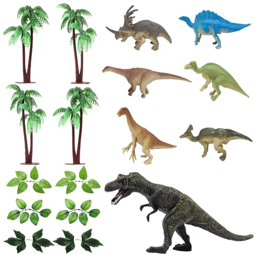 Neikafan 17 Pcs Dinosaur Cake Decorations Toppers Mini Dinosaurs Set Artificial Leaves and Trees with Bases Dinosaur Figures for Crafts or Cake Decorations