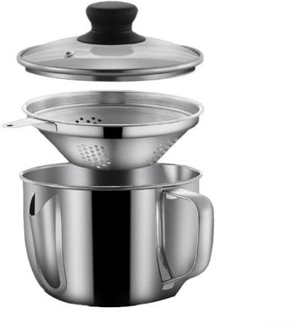 RANRAO Edelstahl Fettabscheider, 1L Ölfilter Topf Kochen Suppe Fettsieb Separator Soße Fettabscheider mit Sieb und Glasdeckel zum Kochen