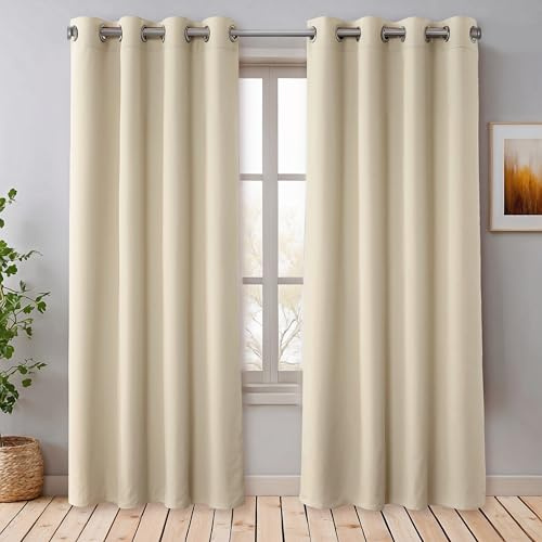 Praktisches Set ohne Bohren: 2x Vorhang + 1x Klemmstange silber 70-120 cm + 2x Raffhalter mit Magnet blickdicht & verdunkelnd, als Raumteiler, Fenster & Tür Beige Thermovorhang 220x135cm