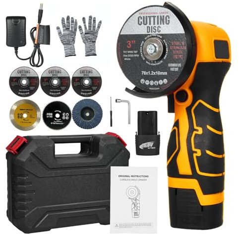 Weytoll Mini amoladora angular inalámbrica - 7000 RPM, batería de 16.8 V 2000 mAh, hoja de corte para ladrillo, madera, piedra, acero