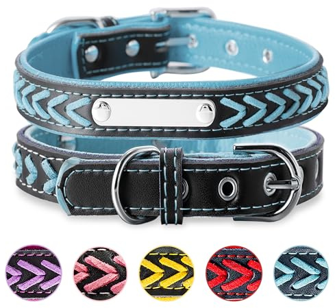 Buruslove Geflochtenes Leder Hundehalsband mit Gravur – Personalisiertes Halsband in Blau mit Namensschild, verstellbar und weich, für Welpen, Größe S