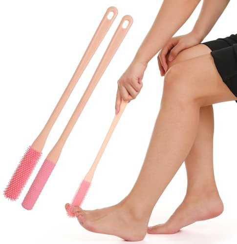 2 Stück Silikon Fußwaschbürste, Zehenwascher für die Dusche, Fußbürste mit Bürstenköpfe in Zwei Größen, Zehenreiniger mit Langem Stiel, Fußdusche bürste fur Senioren (Rosa)