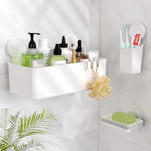 Luxear Suction Shower Caddy No Drilling Shower Shelf Basket Removable Storage Rustproof Waterproof for Bathroom Wall Shampoo Razors Soap with Drainage Design and Hooks-White