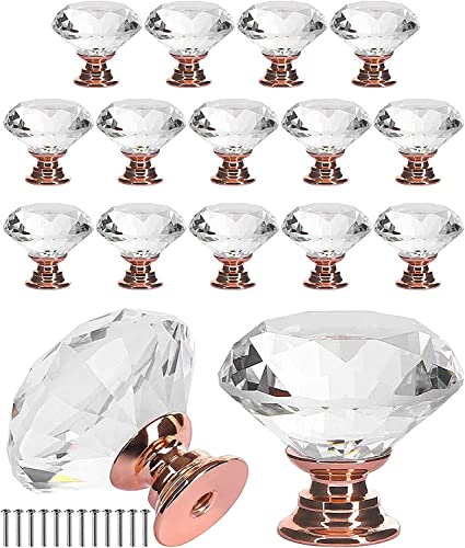 Möbelgriffe, Griffe for Küchenschränke, Schrankgriffe, 16 Stück, rautenförmige klare Kristallknöpfe for Kommodenschubladen, goldfarbene dekorative Punkt-Wandhaken for Aufhängen von Mänteln, Badezimmer