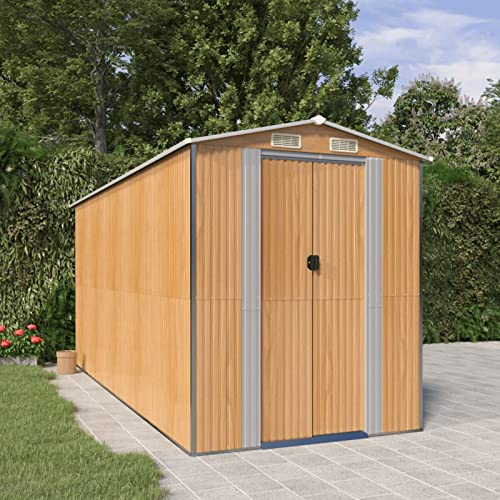 Geräteschuppen, Chaduof Gerätehaus, Fahrradgarage, Gartenhütte, Fahrradunterstand, Gartenhäuschen, Garten Hütte, Fahrrad Unterstand, Hellbraun 192x440x223 cm Verzinkter Stahl