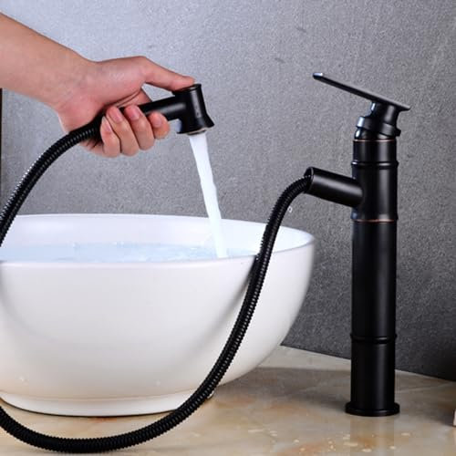 Wasserhahn Bad für Waschbecken Retro Ausziehbar Einhebelmischer Für Warm und Kaltwasserhahn Messing Ausziehbar Vintage Schwarz Hoch Armatur für Waschbecken Badezimmer Badarmatur Waschbeckenarmatur