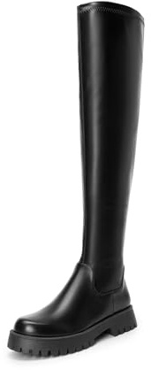 DREAM PAIRS Botas Elastica Mujer de Caña Larga por Encima de Rodillas Plano Invierno con Cremallera,Size 36.5,Negro-PU,SDOB2408W