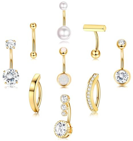 Morfetto 9stk Bauchnabelpiercing Gold Chirurgenstahl Piercing Bauchnabel 14G Silber Bauchnabelpiercing Schwangerschaft CZ Perle Opal Bauchpiercing Nabelpiercing 10/12mm Stablänge Gold 10mm