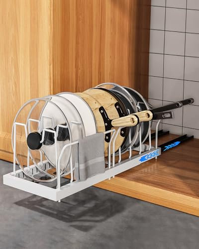 UMDONX Ausziehbare Pfannenhalter, 55CM Tief Erweiterbar Pull Out Topfdeckelhalter Ausziehbar mit 10 verstellbaren Teilern No Drill Topf und Pfanne Halter Rack (1 Pack, weiß)