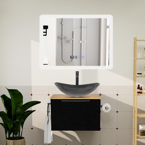 YU YUSING Ensemble de Meubles de Salle de Bain avec Miroir Mural LED 80x60cm Lavabo, Anti-buée, Affichage L'heure, Armoire Rangement, Meuble sous Lavabo,Vasque à Poser,Ensemble Robinets(Noir Vert)