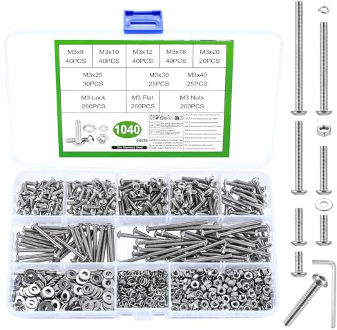 1040 Pcs M3 Screws Set, M3 Bolts and Nuts Set, Assorted Nuts and Bolts Set, Hex Socket Head Cap Screws Bolts and Nuts Set with Washers Set, Pan Head Round Machine Assortment Kit