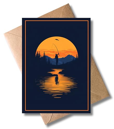 Gruß Karte für Angler mit Umschlag - Geschenkkarte für Freunde Familie Sonnenaufgang Fluss Guter Fang Geburtstagskarte für Männer Freundschaftsgruß (DIN A6)