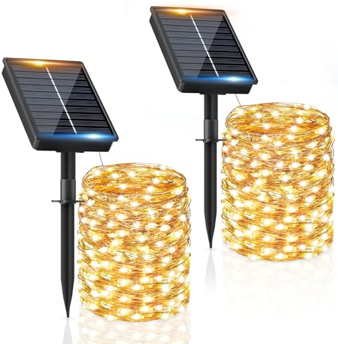 Lot de 2 guirlandes solaires d'extérieur - Étanchéité IP65 - 8 modes - Guirlande décorative pour jardin, terrasse, patio, festivals, mariages - 16 + 2 m - 160 LED - Blanc chaud