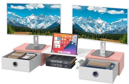 OYRREU Soporte Monitor Escritorio, 92 x 22cm Soporte Monitor Doble Elevador Monitor Escritorio, Soporte para Monitor con Cajón, Soporte Pantalla Ordenador Monitor Stand Accesorios Escritorio