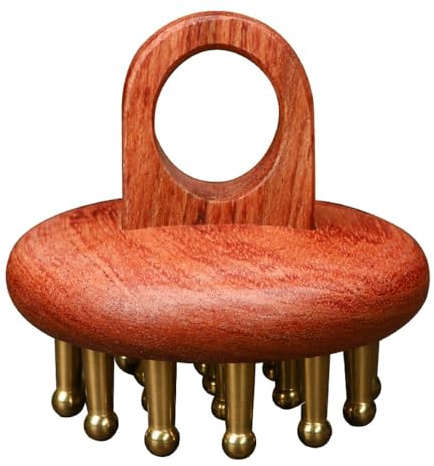 Rocky Green Pettine massaggiante realizzato a mano in ottone e legno, massaggiatore per cuoio capelluto per la crescita dei capelli, strumento Gua Sha per collo, gambe e addome, terapia ad anello