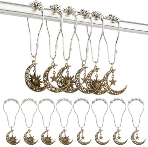 SUPERFINDINGS 16Pcs 2 Style Sun Moon Star Shower Curtain Hooks Antique Bronze Rustproof Curtain Rings Set Vintage Style Shower Hooks Gothic Boho Iron Bathroom Decor