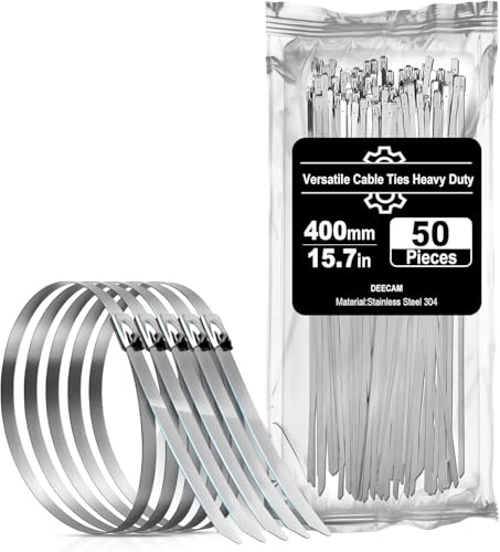 Deecam - Bridas de acero inoxidable, 50 bridas de metal de 4,6 x 400 mm, bridas de acero inoxidable 304 con tapón de bola de acero, adecuadas para envolver escapes, bridas de encuadernación