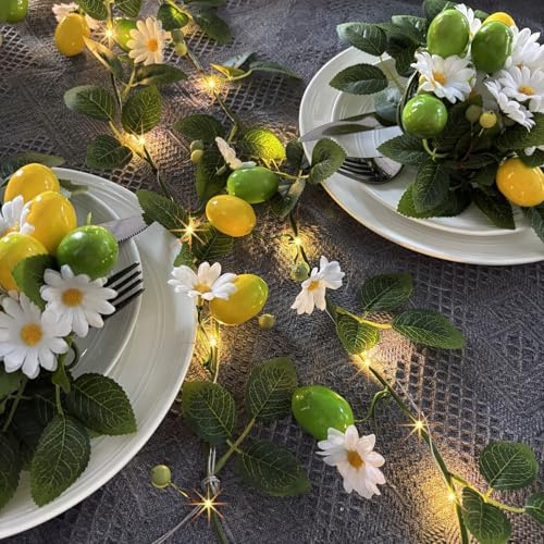 Riaxuebiy Zitronenblütenranken-Lichterkette,Gänseblümchen-Zitronengirlande mit 2 m 20 LEDs Lichterkette Batteriebetriebener für Schlafzimmer,Garten,Hochzeit,Wanddekoration (Gelbgrüne Zitronen)