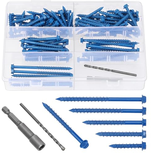 Mardatt 102Pcs 3/16” 5 Sizes Concrete Screws, Slotted Hex Washer Head Concrete Screws Anchor with Drill Bit and Hex Bit Socket, Self Tapping Masonry for Anchoring to Masonry Block Brick Stucco