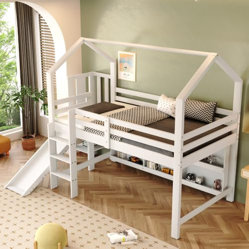 Zubaliya Lit cabane Enfants 90 x 200 cm,lit superposé Enfant 90 x 200 Multifonctionnel,lit Mezzanine 1 Places avec Toboggan,escalier,casier et étagère,sans Matelas,Bois Massif + MDF,Blanc