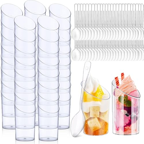Kunststoff-Dessertbecher, 65 ml, transparent, Mini-Dessertbecher, Käsekuchentöpfe mit 50 Löffeln, Dessertbecher für Schokolade, Joghurt, Obst, Mousse, Pudding