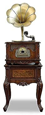 SGKOMN Boîte à Musique, Tourne-Disque rétro, phonographe Vintage Tout-en-Un, Gramophone nostalgique avec pavillon en cuivre, Haut-Parleur intégré, entrée auxiliaire/USB/Radio FM pour d