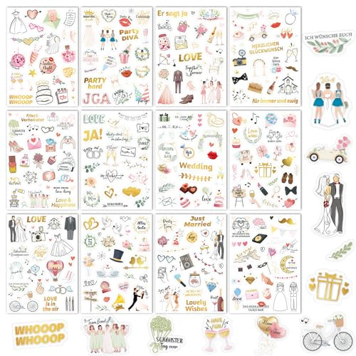 DPKOW JGA Sticker Hochzeit Gästebuch 12 Bögen, Fotoalbum Aufkleber JGA Hochzeit Scrapbook Bullet Journal Stickers Liebe Love Wedding Deko Hochzeit JGA Aufkleber Junggesellinnenabschied, Glitzer