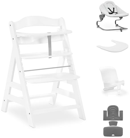 hauck Alpha+ Premium Bundle Buche Weiß - Hochstuhl aus Holz ab Geburt bis 99 Jahre - Mitwachsender Hochstuhl mit liegender Neugeborenen-Wippe, Babysitzverkleinerer, Sitzpolster und Click-On-Tablett