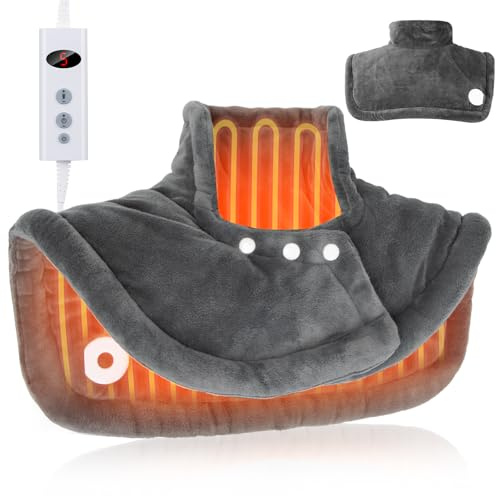 Qoosea Manta Electrica para Cuello y Hombros, 50 * 56cm Almohadilla Térmica Cervical con Calentamiento Rápido, 10 Niveles de Calor Ajustable Eléctrica Térmica Alivio del Dolor Cervical y Espalda