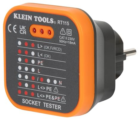 Klein Tools RT115 | Comprobador De Enchufes 230 V Estandar UE | Indicadores LED Estado De Cableado | Deteccion Errores De Conexion | CAT II 230 V