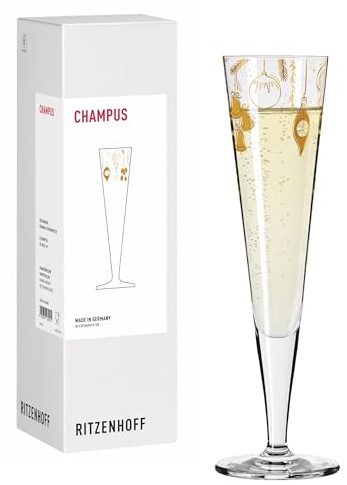 RITZENHOFF 8213001 Champagnerglas 200 ml, Serie Weihnachten – Stilvolles Champagner Glas mit goldenen Weihnachtsornamenten für festliche Stimmung – Made in Germany