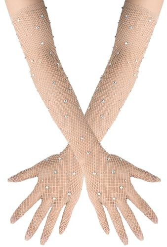 SSIMIDAPT 1 Paar Lange Netzhandschuhe für Damen, Handschuhe mit Strasssteinen, Fischnetz Handschuhe, Long Fishnet Gloves mit Funkelnden, für 80er Halloween Opern Bälle Cosplay