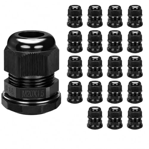 20 Pack M20 IP68 Waterproof Cable Glands for 6–12 Mm Cables, Set | Black Nylon Compression Connectors With Locknuts And Washers, For Electrical Setups
