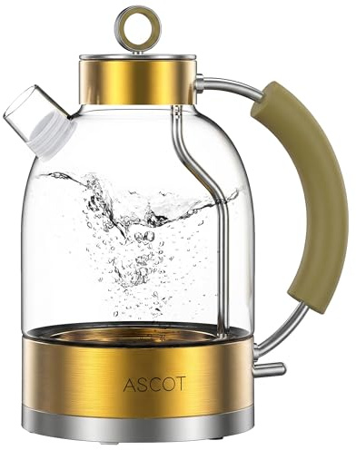 ASCOT Electric Kettle, Glass Electric Tea Kettle Man/Women/Family, 1.6L Borosilicate Glass Tea Heater & Hot Water Boiler, BPA-Free, Auto Shut-Off and Boil-Dry Protection (Gold)