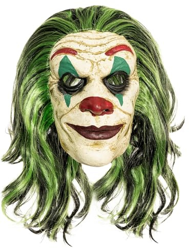 Maskworld Grüner Schurkenclown Maske - Latex-Vollmaske für Erwachsene mit grünem Kunsthaar – Fiese Grinse-Maske für Halloween, Fasching & Comic-Cosplay