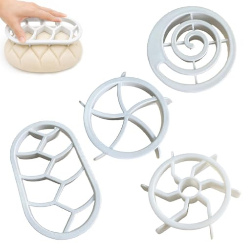 Juego de 4 sellos para panecillos, moldes para panecillos, cortadores de galletas, trozos de pan, sello de pan, para hacer masa, galletas, prensa, pan, accesorios para hornear (blanco)