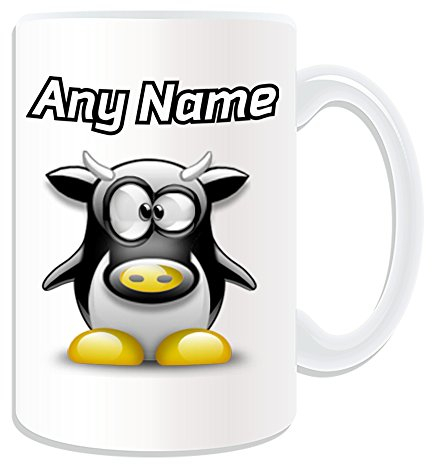 Regalo personalizado – Taza grande de vaca (diseño de pingüino animal, blanco), mensaje con nombre, único, tonto y divertido, granjero, leche, ganado, ternero, lechero, toro, moo, carne de res