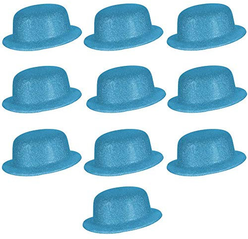 Ciffre 10er Set stylische Melonenhüte mit Glitzerstaub Zylinder Melone Partyhut Disco Fasching Rund Karneval Glitzer - Türkis