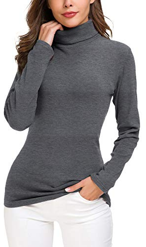 EXCHIC Långärmad polotröja för kvinnor smal passform stickad pullover tröja toppar, Grått, XL