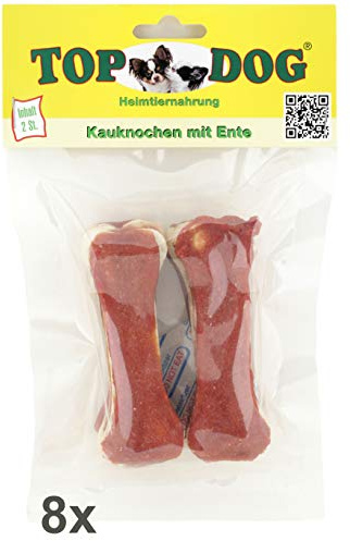 Topdog Kauknochen mit Ente 8X 2 Stück - Hundekauknochen aus Rinderhaut und Entenbrust - 100% ohne Zusatzstoffe - Snackklassiker mit zartem Überzug aus Ente und herzhaftem Geschmack