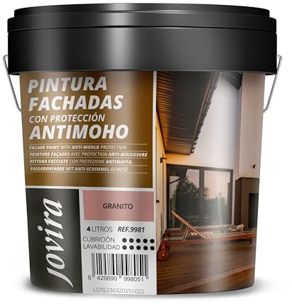 JOVIRA PINTURAS PINTURA FACHADAS ANTIMOHO. Repelente al agua, impermeable y anti fisuras. (4 Litros, Granito)