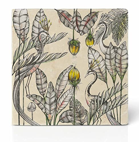 Ligarti Natursteinfliese [ 100% Marmor ] Hochwertiger Untersetzer für Getränke, Gläser, Tassen | Design Fliese mit Vlies in 10x10cm | »Königskraniche« Vögel im Dschungel