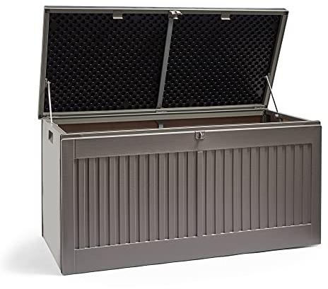 VonHaus Garden Storage Box 270L – Outdoor Utility Chest Organiser – Weatherproof Plastic, Lockable Lid, Sliding Bar Hinge, Carry Handles, Portable – For Garden, Patio, Balcony, Decking – Grey, Black