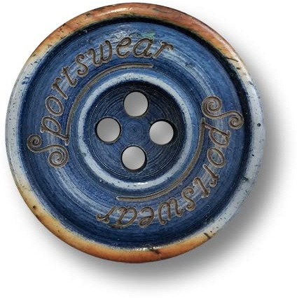 5er Set blau eingefärbte Beinknöpfe mit vier Löchern und Schriftzug: Sportswear. Ø: ca. 15mm!