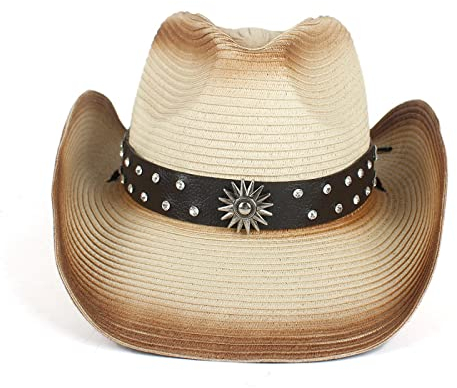 QBQZXAOSOWH Fedora Trilby Retro-Frauen-Mann-Hohler Western-Cowboy-Hut-Dame-Vater-Stroh-Sombrero-Strand-Cowgirl-Jazz-Sonnenhut Mit Wind-Seil-Creme