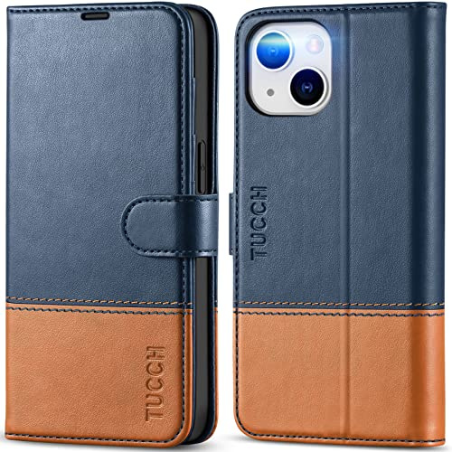 TUCCH Case for iPhone 14 (6.1) 2022 5G, PU Leather Wallet Magnetic Protective Flip Folio Stand Cover with [RFID Blocking] Credit Card Holders[Shockproof TPU] Compatible with iPhone 14, Blue&Brown